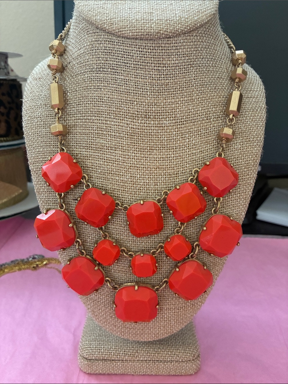 Stella & Dot Coral Orangey/Red Faceted Bib Necklace